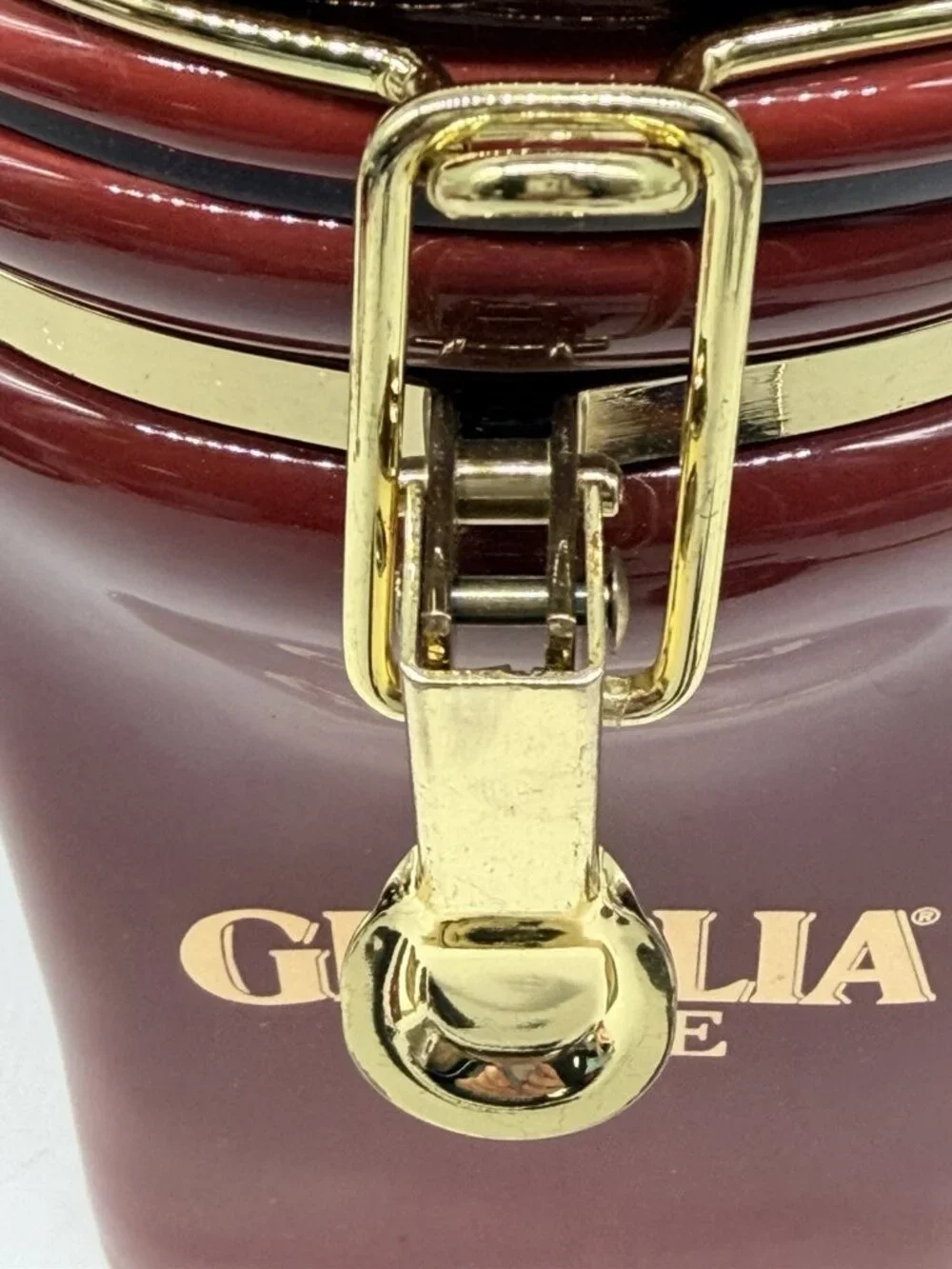 Gevalia Kaffe Maroon Burgundy Red & Gold Ceramic Air Tight Coffee Jar Canister